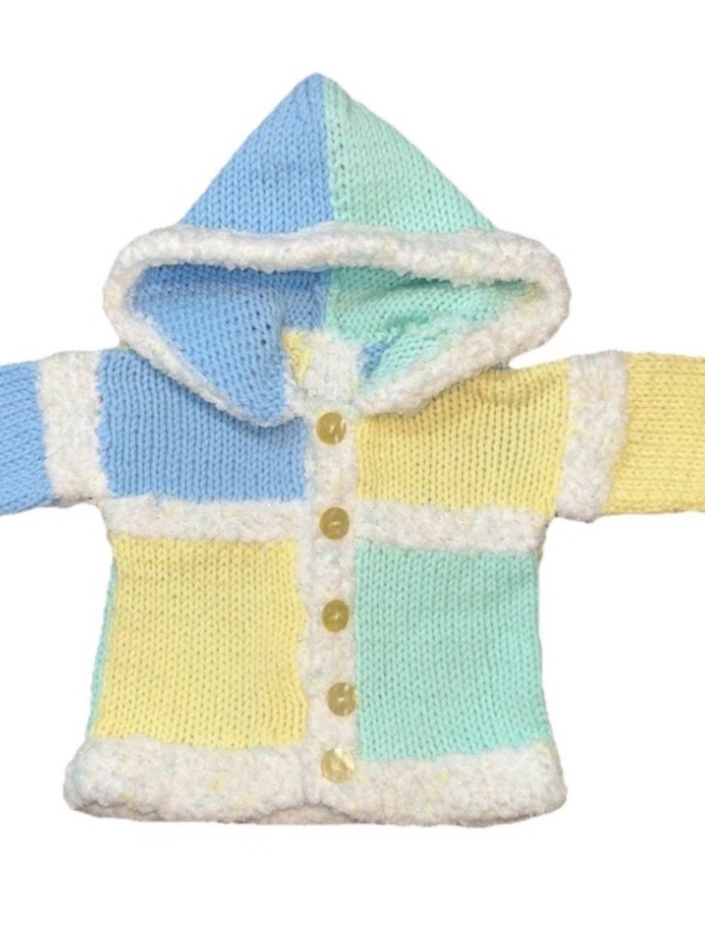 Vintage Hand-Knit Pastel Color Block Hooded Baby Cardigan Sweater